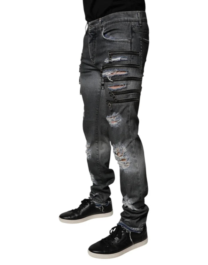 Dolce &amp; Gabbana Dark Gray Tattered Cotton Skinny Denim Jeans