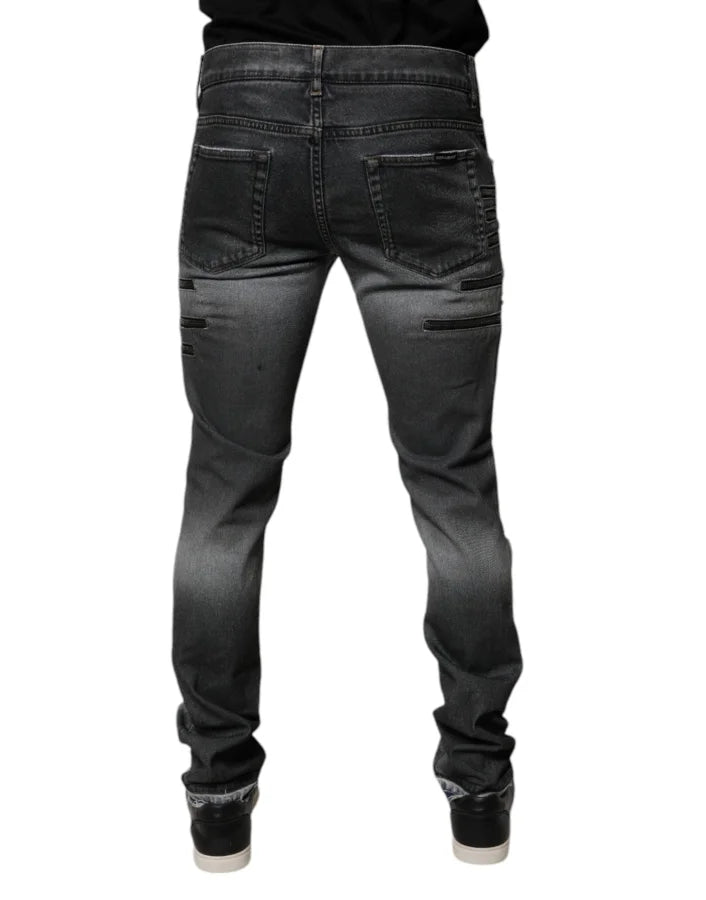 Dolce &amp; Gabbana Dark Gray Tattered Cotton Skinny Denim Jeans