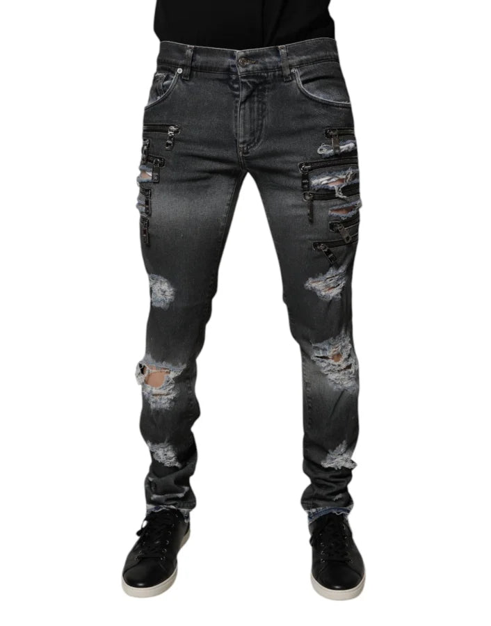 Dolce &amp; Gabbana Dark Gray Tattered Cotton Skinny Denim Jeans