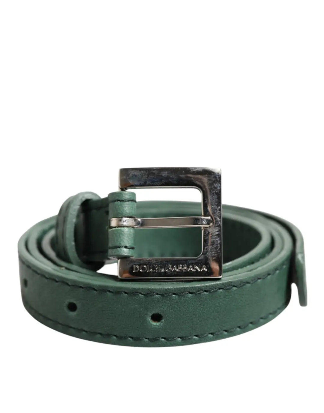 Dolce &amp; Gabbana Dark Green Leather Silver Metal Buckle Belt