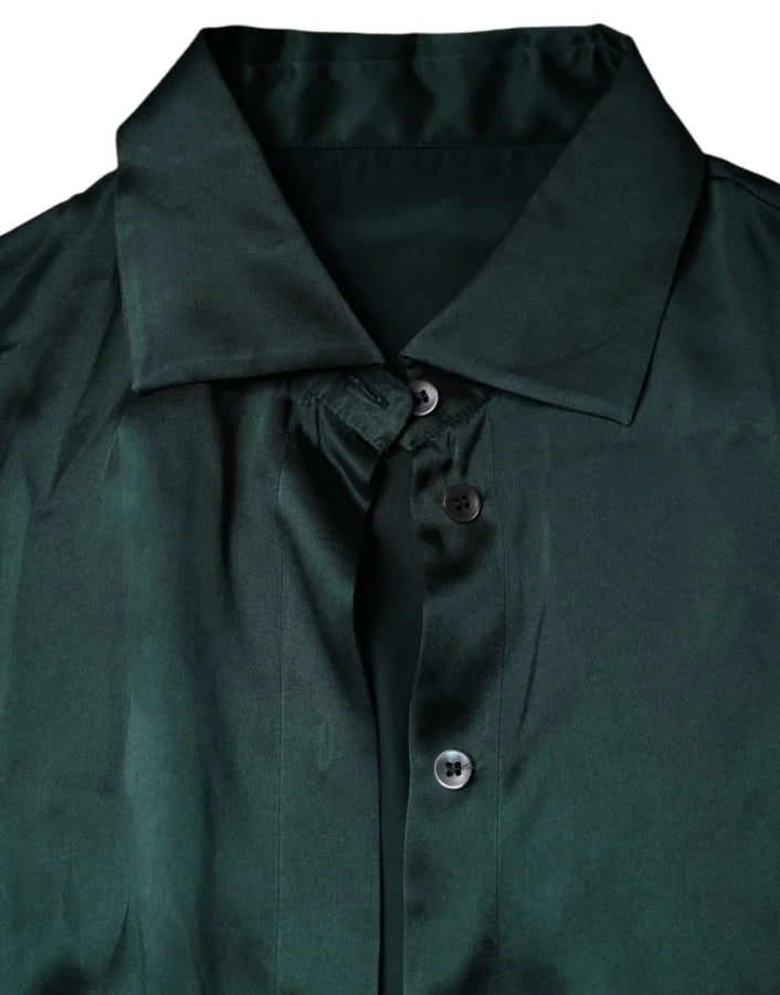 Dolce &amp; Gabbana Dark Green Silk Button Down Long Sleeves Blouse Top