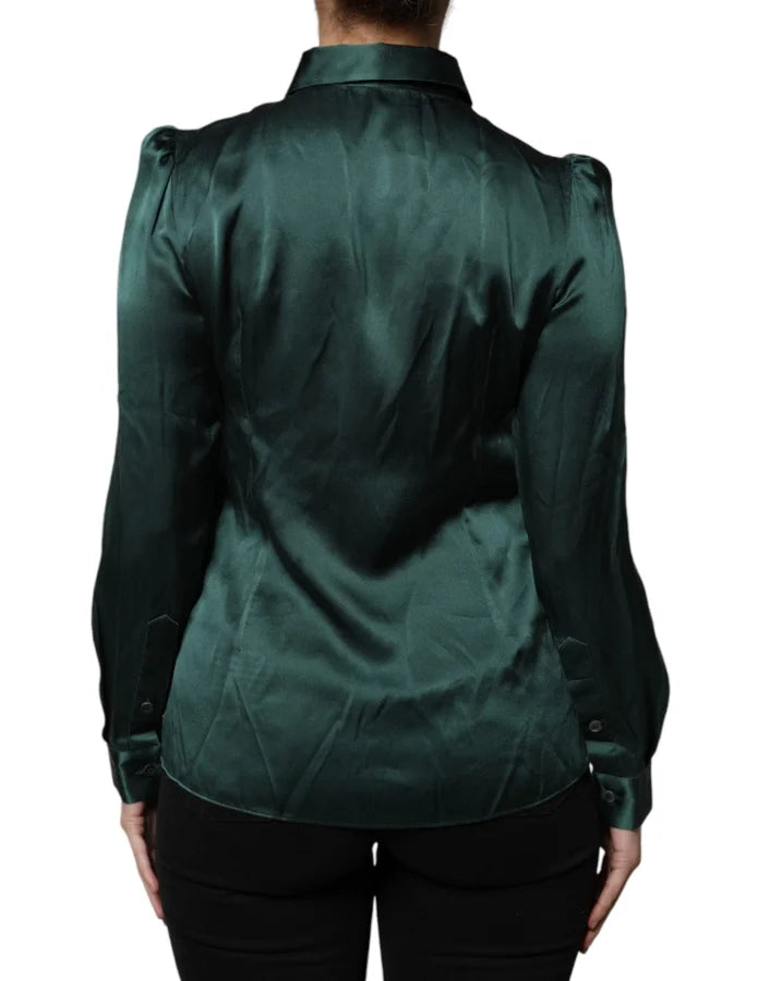 Dolce &amp; Gabbana Dark Green Silk Button Down Long Sleeves Blouse Top