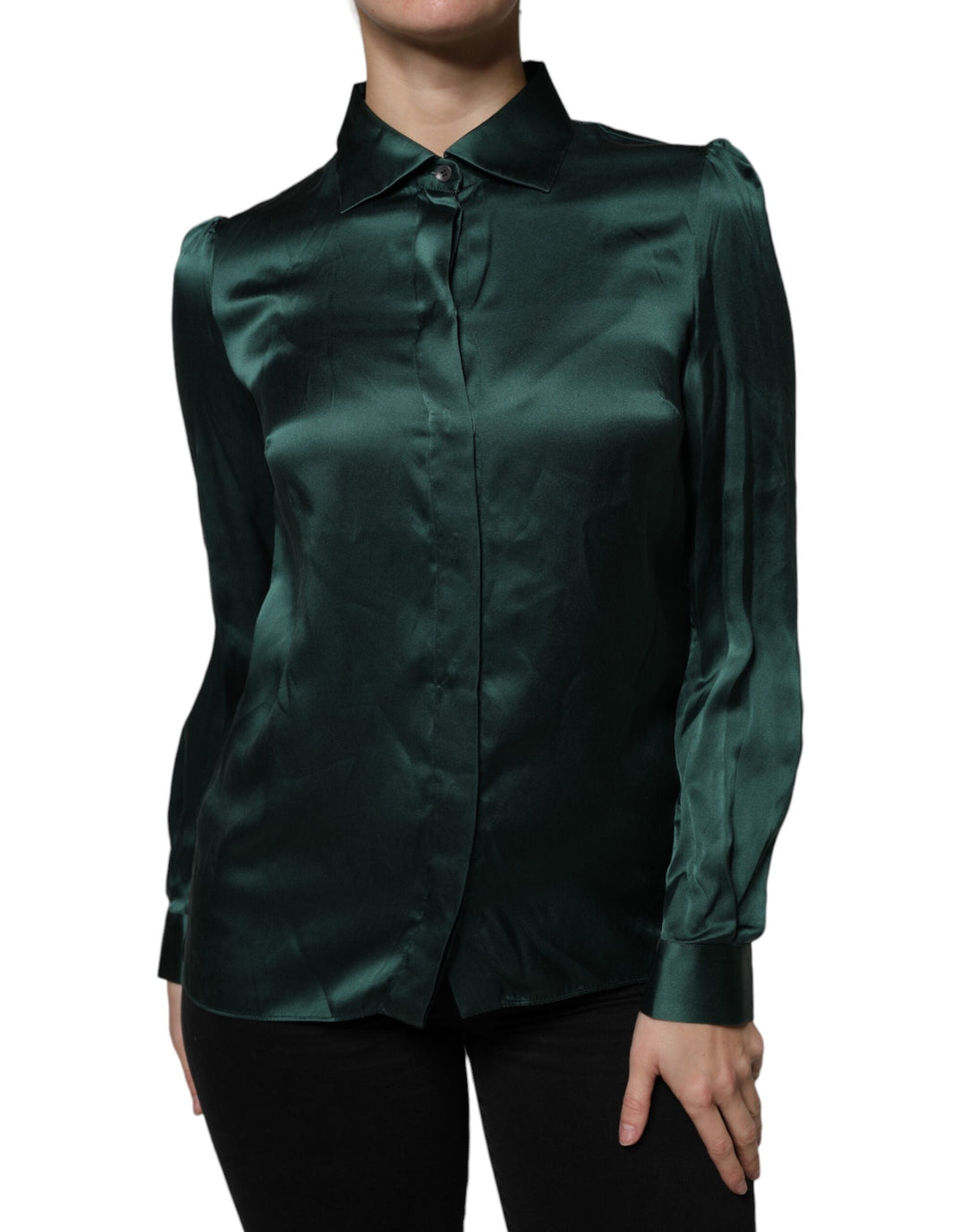 Dolce &amp; Gabbana Blouses - Women’s Dark Green Silk Button Down Long Sleeves Blouse Top
