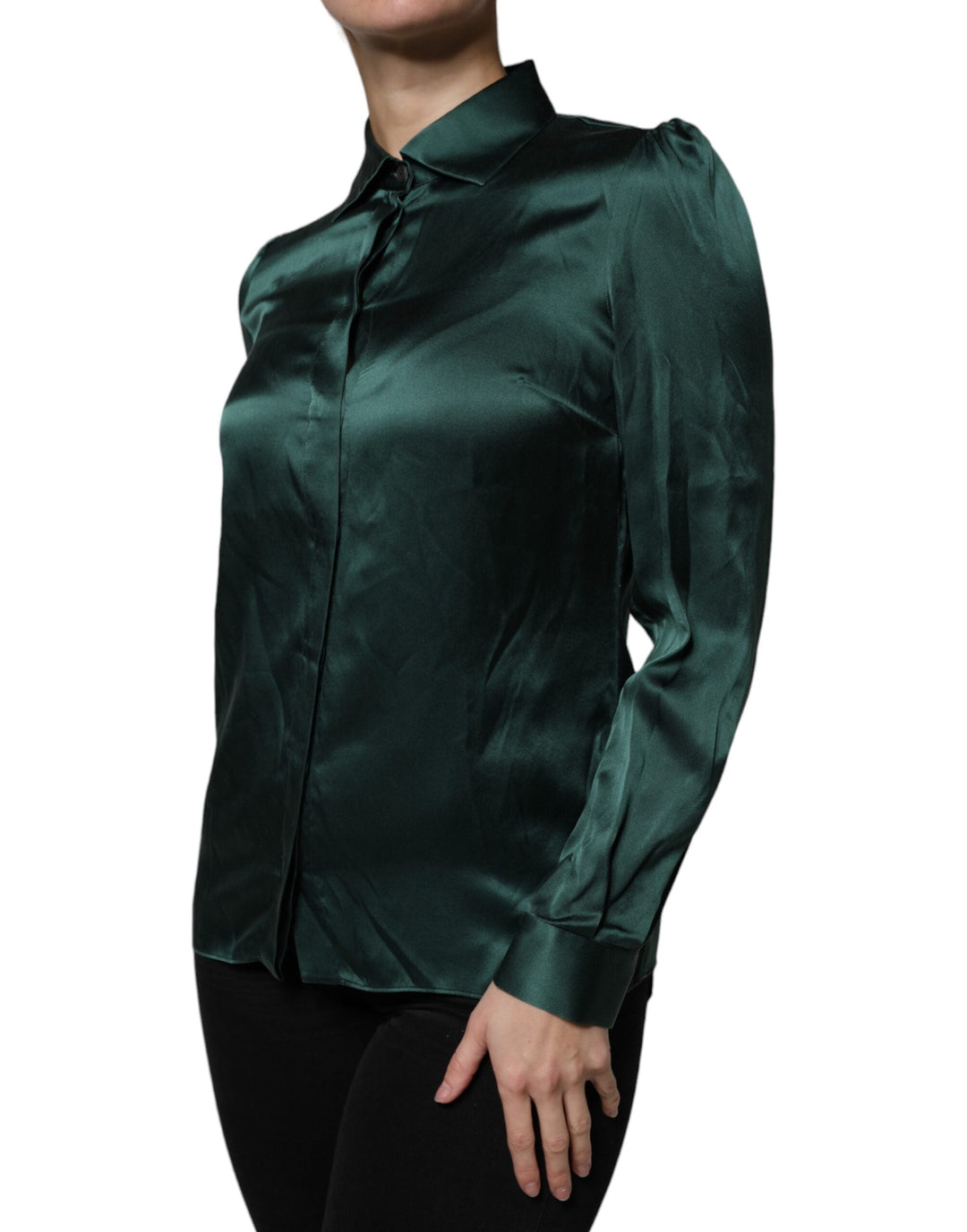 Dolce &amp; Gabbana Blouses - Women’s Dark Green Silk Button Down Long Sleeves Blouse Top