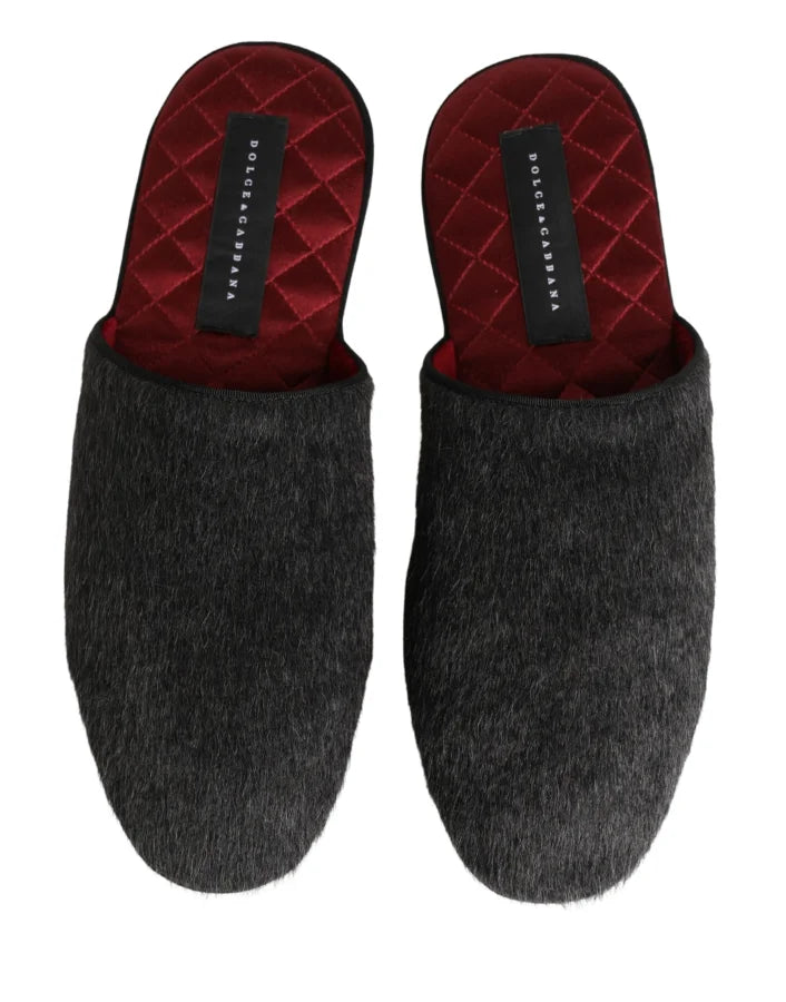 Dolce &amp; Gabbana Dark Grey Charcoal Wool Red Slippers Shoes