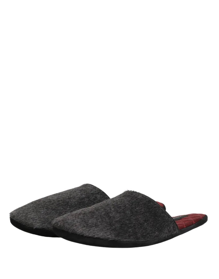 Dolce &amp; Gabbana Dark Grey Charcoal Wool Red Slippers Shoes