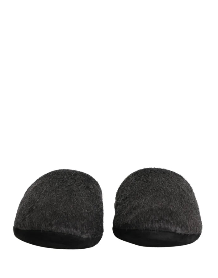 Dolce &amp; Gabbana Dark Grey Charcoal Wool Red Slippers Shoes
