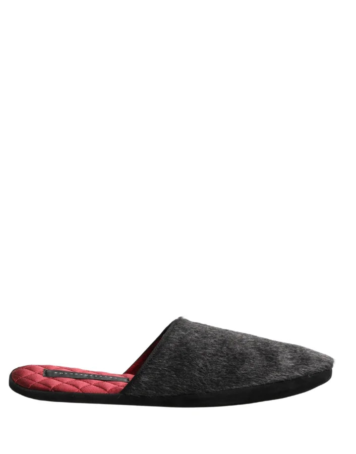 Dolce &amp; Gabbana Dark Grey Charcoal Wool Red Slippers Shoes