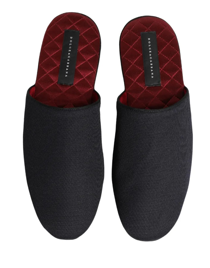 Dolce &amp; Gabbana Dark Navy Wool Cotton Red Chevron Slippers Shoes