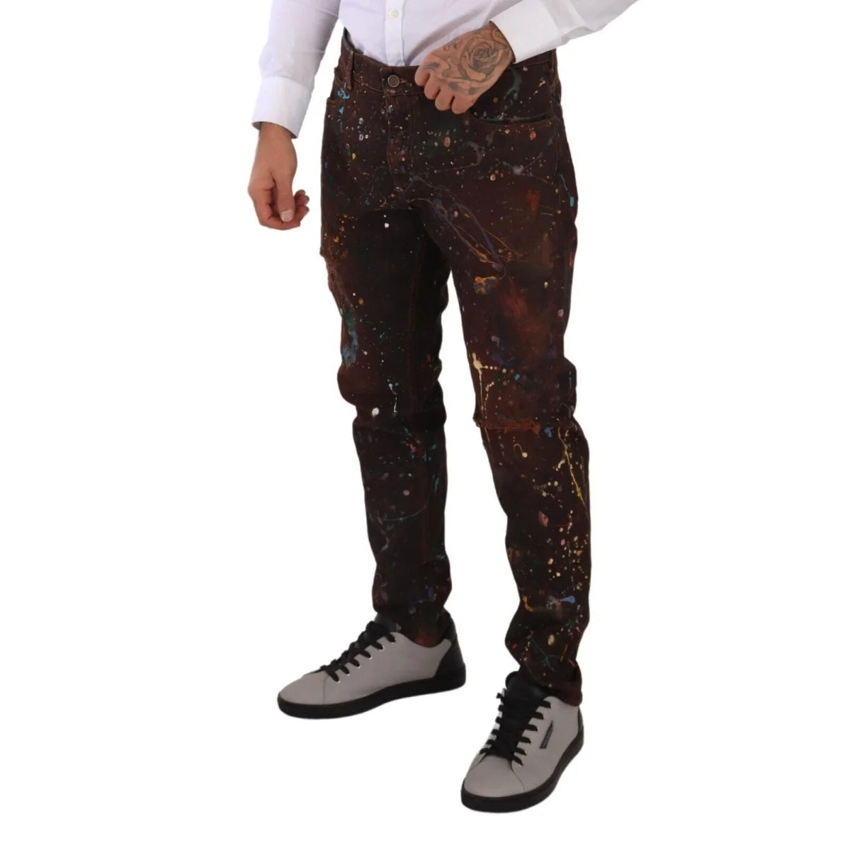 Dolce & Gabbana Denim Jeans with Multicolored Paint and Button Closure