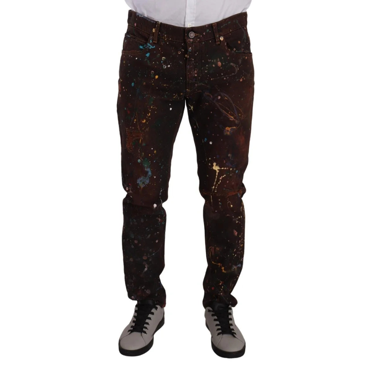 Dolce & Gabbana Denim Jeans with Multicolored Paint and Button Closure