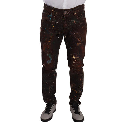 Dolce & Gabbana Denim Jeans with Multicolored Paint and Button Closure