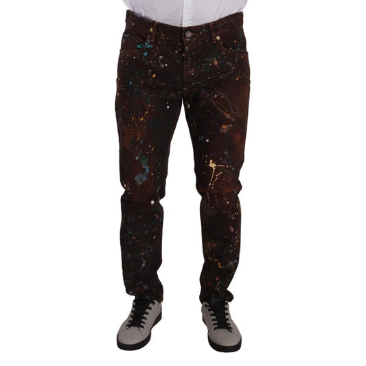 Dolce & Gabbana Denim Jeans with Multicolored Paint and Button Closure