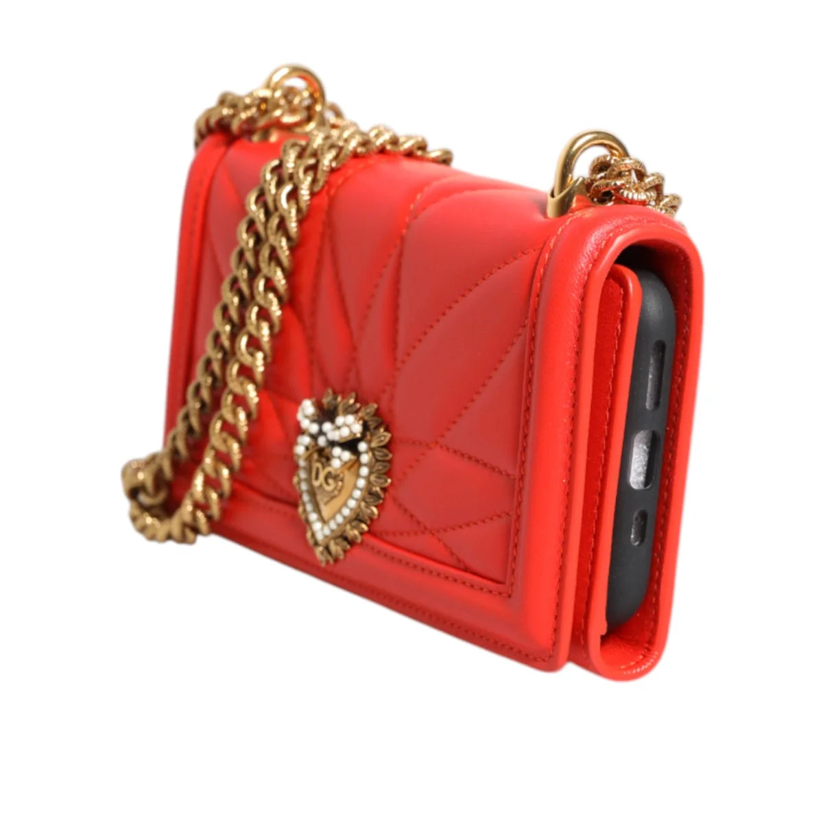 Dolce Gabbana Devotion Scarlet Quilted Crossbody Phone Bag Lamb Leather &