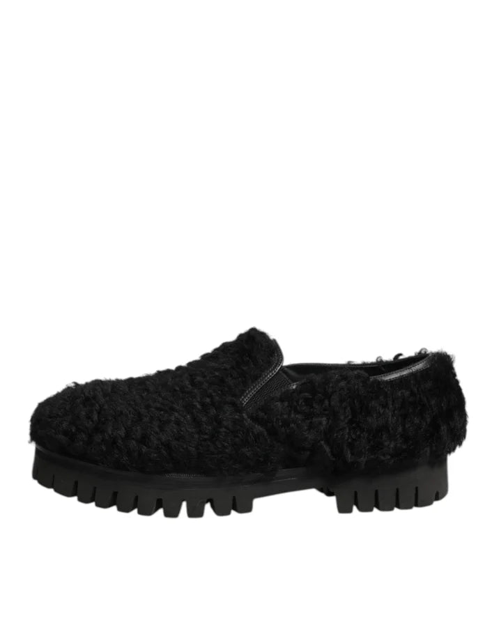 Dolce &amp; Gabbana Dress Black Fur Leather Slippers Men Shoes