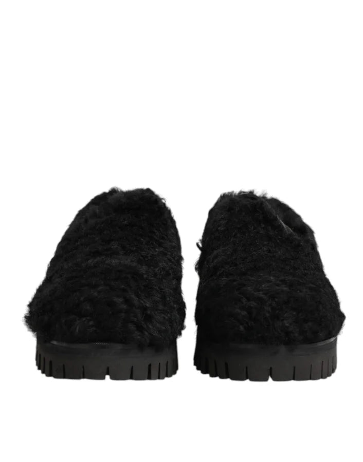 Dolce &amp; Gabbana Dress Black Fur Leather Slippers Men Shoes