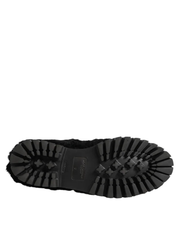 Dolce &amp; Gabbana Dress Black Fur Leather Slippers Men Shoes