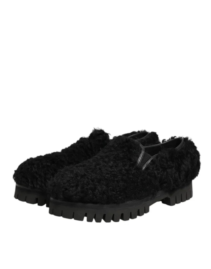 Dolce &amp; Gabbana Dress Black Fur Leather Slippers Men Shoes