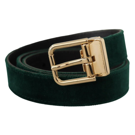 Dolce Gabbana Emerald Velvet Belt with Gold Tone Buckle &