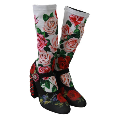 Dolce & Gabbana Floral Print Embellished Mid Calf Socks Boots