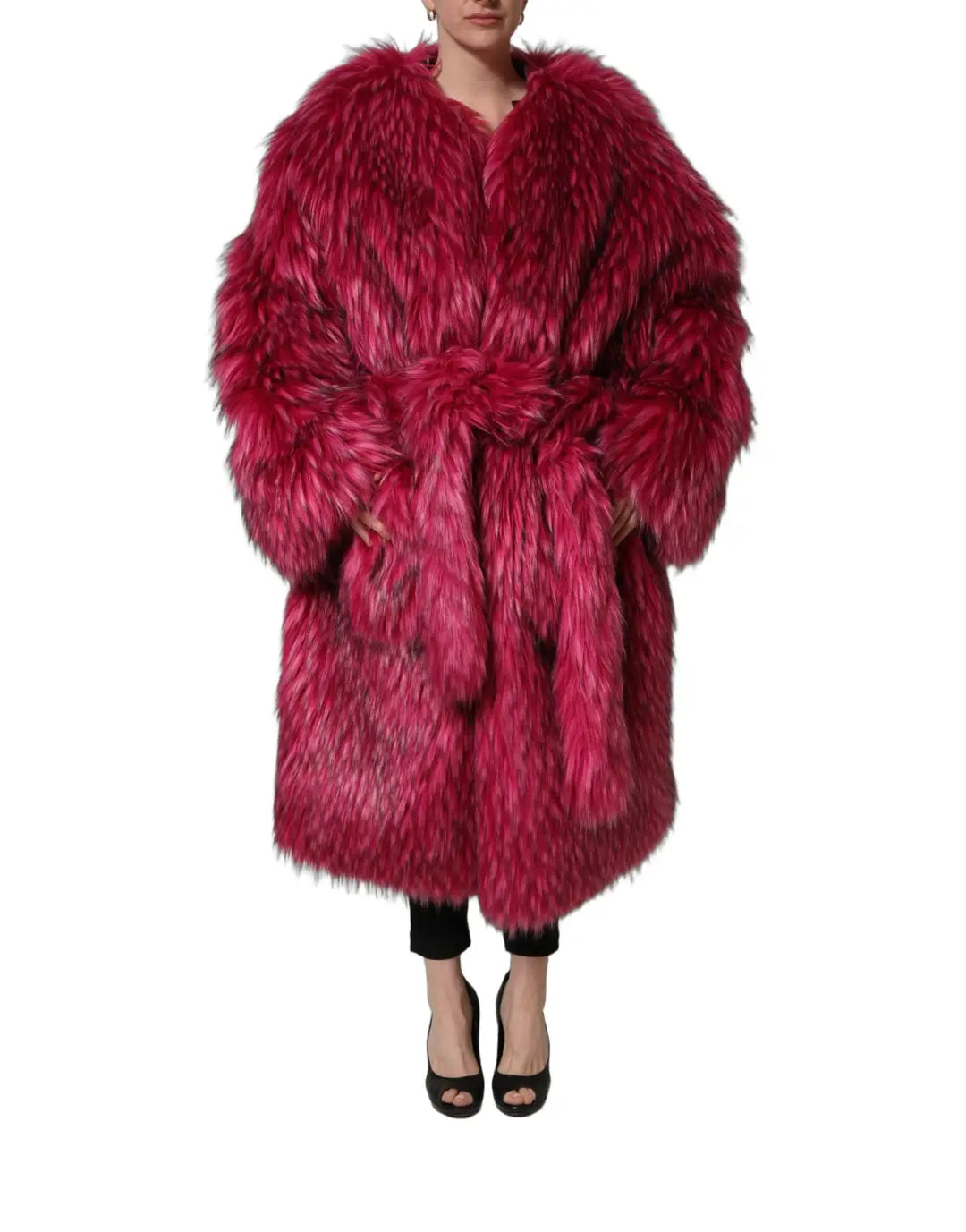 Dolce &amp; Gabbana Fuchsia Belted Faux-Fur Trench Coat Jacket