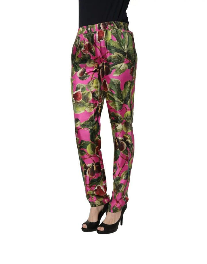 Dolce &amp; Gabbana Fuchsia Fig Fruit Leaf Tapered Trouser Pants