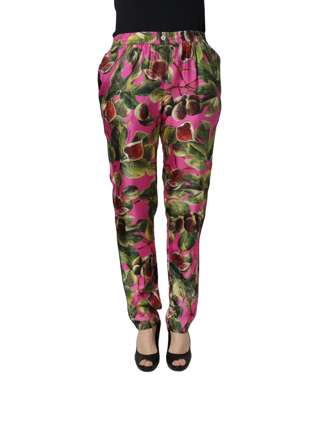 Dolce &amp; Gabbana Fuchsia Fig Fruit Leaf Tapered Trouser Pants