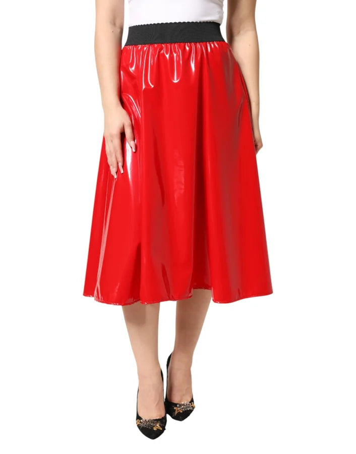 Dolce &amp; Gabbana Glossy Red Polyester High Waist Midi Skirt