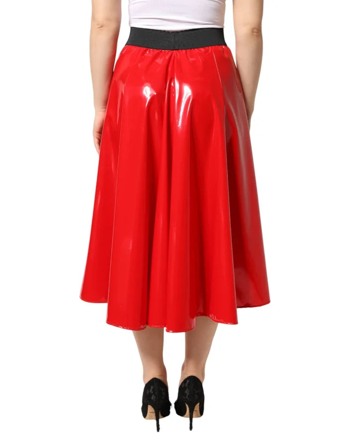 Dolce &amp; Gabbana Glossy Red Polyester High Waist Midi Skirt
