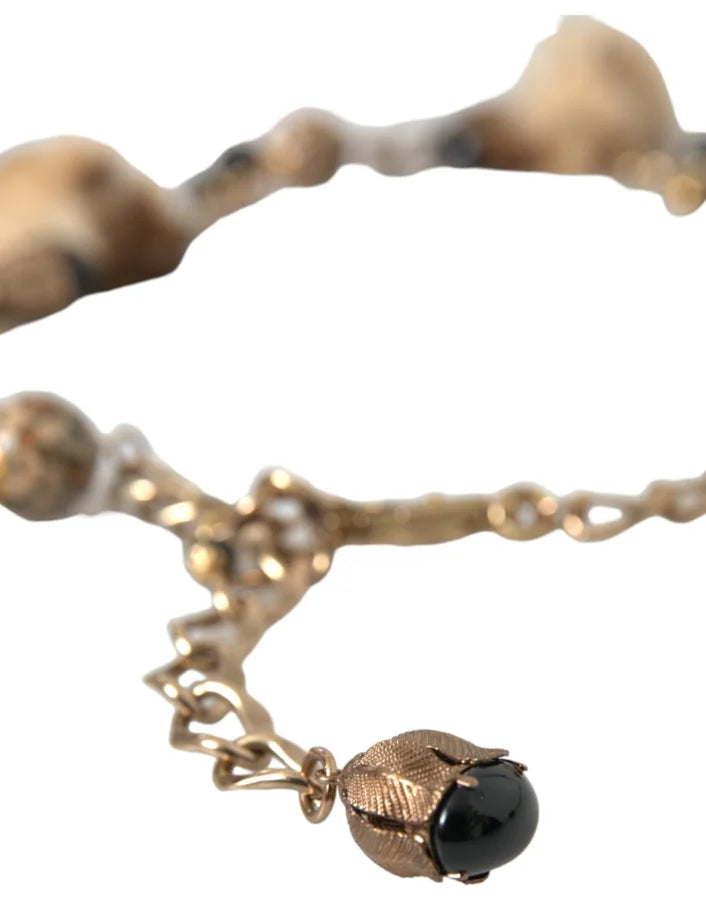 Dolce &amp; Gabbana Gold Brass Leopard Fur Pearl Collier Chain Belt