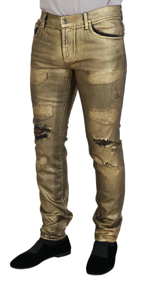 Dolce &amp; Gabbana Gold Cotton Tattered Skinny Men Denim Jeans