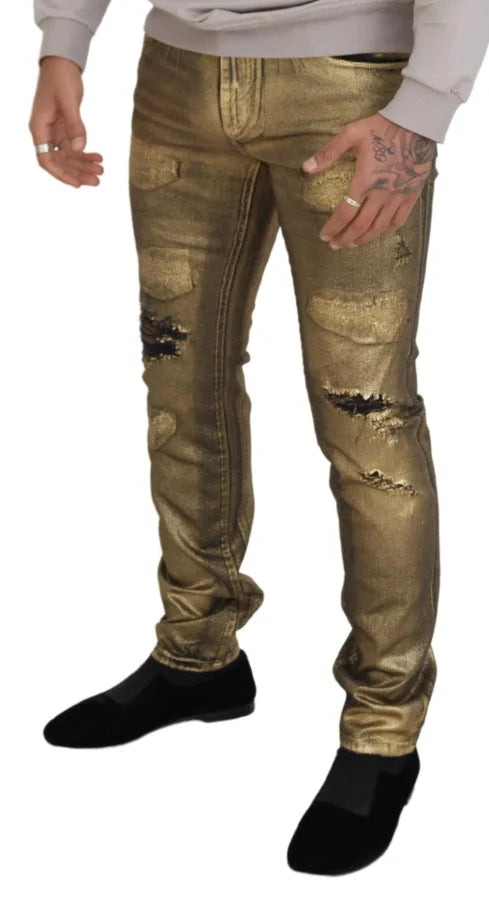 Dolce &amp; Gabbana Gold Cotton Tattered Skinny Men Denim Jeans