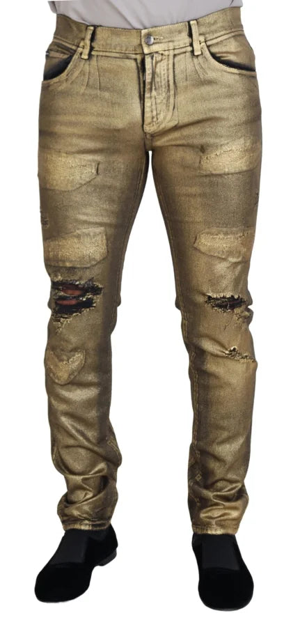 Dolce &amp; Gabbana Gold Cotton Tattered Skinny Men Denim Jeans