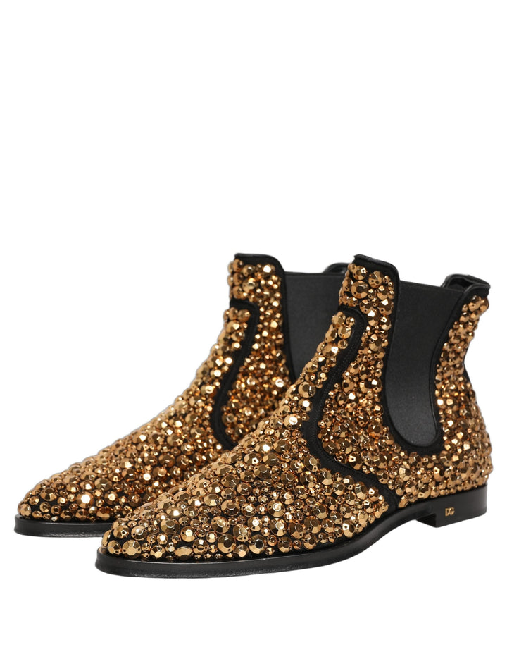 Dolce &amp; Gabbana Gold Embellished Chelsea Ankle Boots Shoes