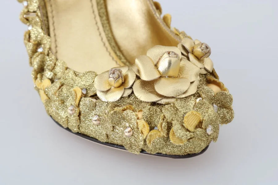 Dolce &amp; Gabbana Gold Floral Crystal Mary Janes Pumps