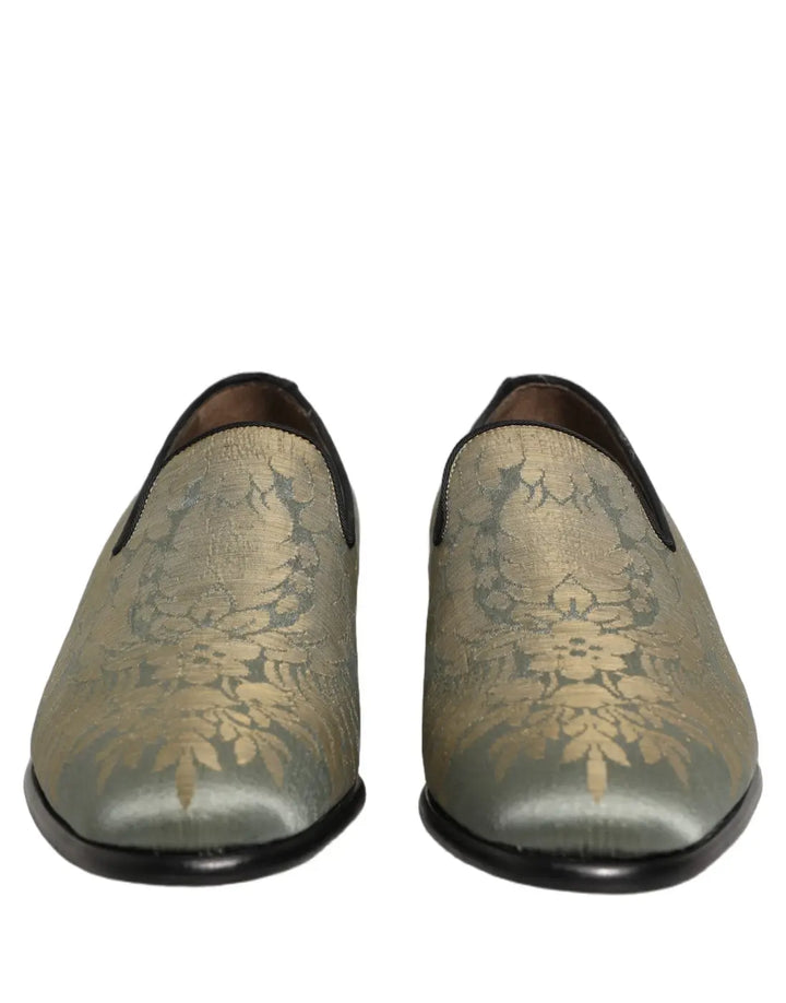 Dolce &amp; Gabbana Gold Floral Jacquard Slip On Loafers Shoes