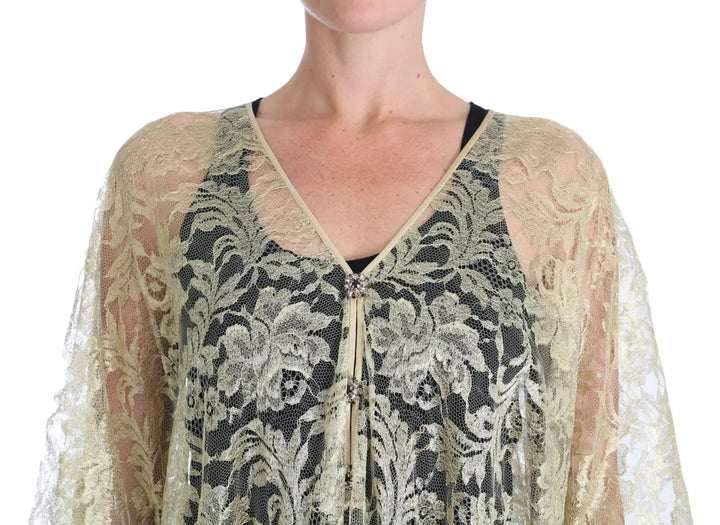 Dolce &amp; Gabbana Gold Floral Lace Crystal Gown Cape Dress