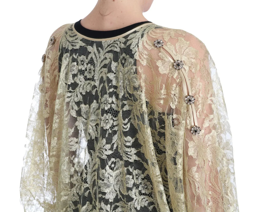 Dolce &amp; Gabbana Gold Floral Lace Crystal Gown Cape Dress