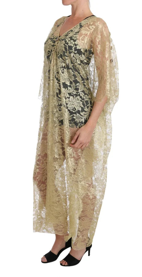 Dolce &amp; Gabbana Gold Floral Lace Crystal Gown Cape Dress