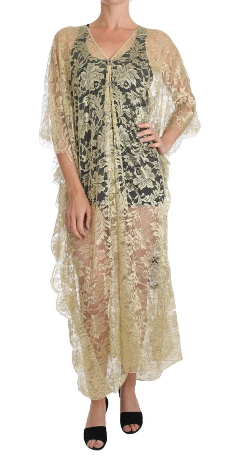 Dolce &amp; Gabbana Gold Floral Lace Crystal Gown Cape Dress