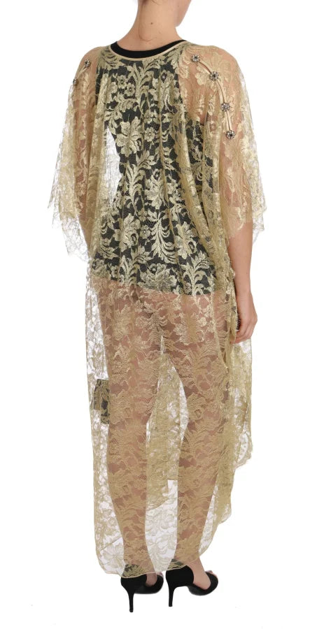Dolce &amp; Gabbana Gold Floral Lace Crystal Gown Cape Dress