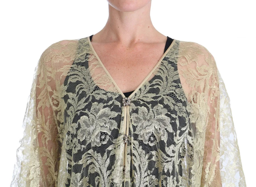 Dolce &amp; Gabbana Gold Floral Lace Crystal Gown Cape Dress