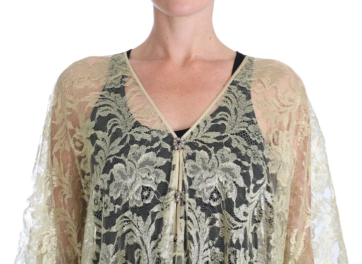 Dolce &amp; Gabbana Gold Floral Lace Crystal Gown Cape Dress