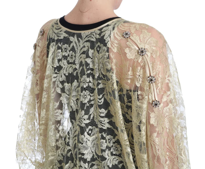 Dolce &amp; Gabbana Gold Floral Lace Crystal Gown Cape Dress