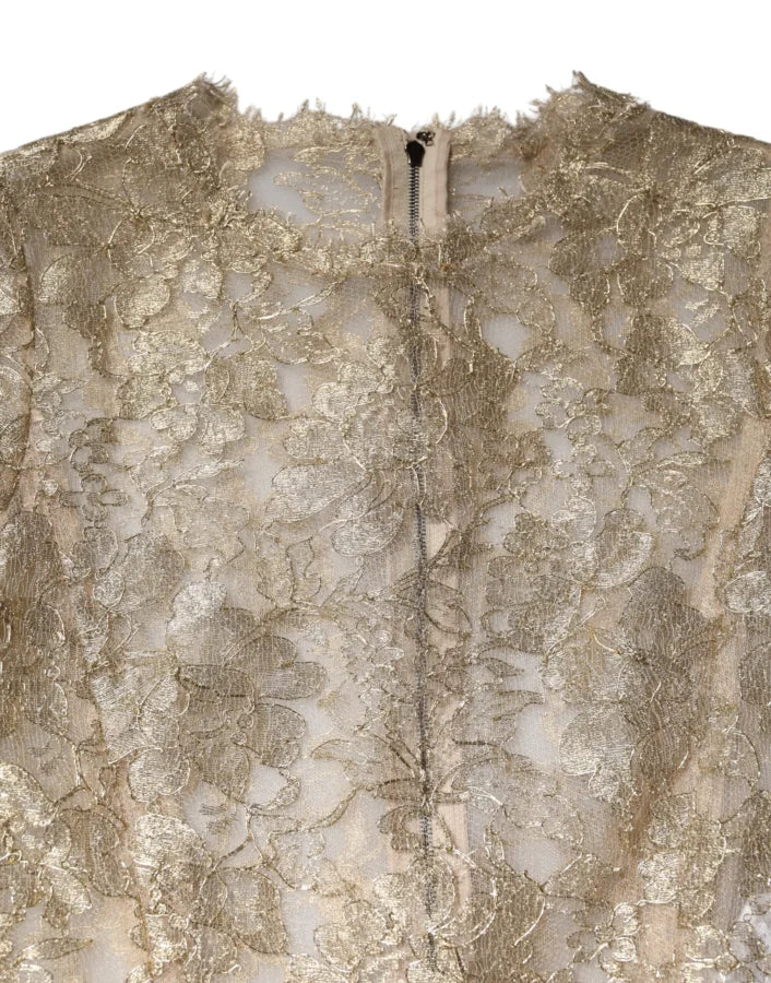 Dolce &amp; Gabbana Gold Floral Lace Long Sleeves Fit Flare Dress