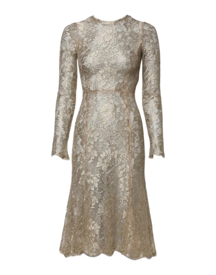 Dolce &amp; Gabbana Gold Floral Lace Long Sleeves Fit Flare Dress