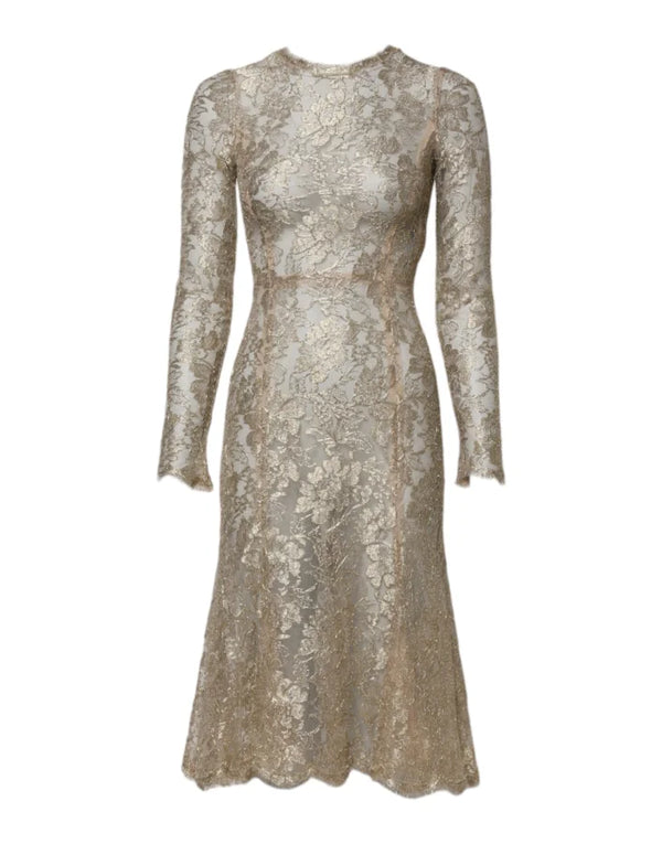 Dolce & Gabbana Gold Floral Lace Long Sleeves Fit Flare Dress