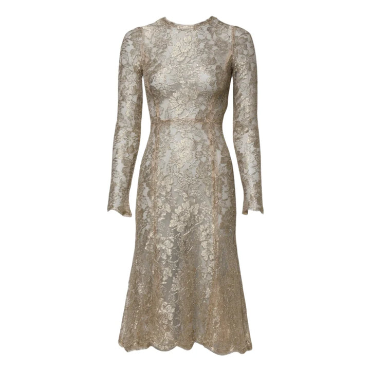 Dolce &amp; Gabbana Gold Floral Lace Long Sleeves Fit Flare Dress