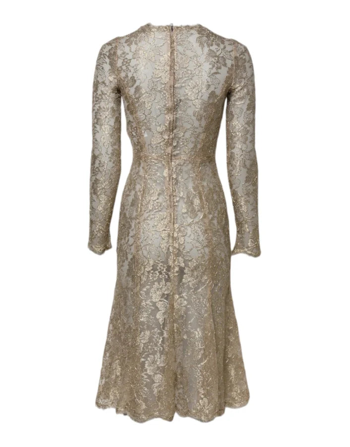 Dolce &amp; Gabbana Gold Floral Lace Long Sleeves Fit Flare Dress