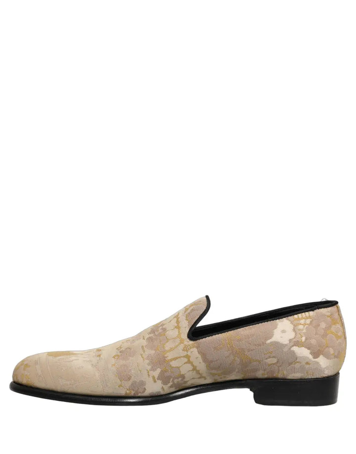 Dolce &amp; Gabbana Gold Floral Print Jacquard Men Loafers Shoes